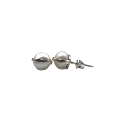 Silver Button Pearl Earring Studs